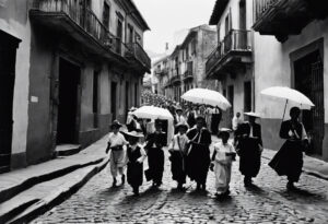 "Procesión Religiosa Venezolana del Siglo XIX: Costumbres y Tradiciones en Blanco y Negro"