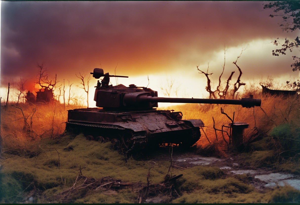 "Contraste de la Guerra: Naturaleza versus Maquinaria Abandonada"