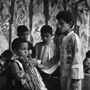 "Devoción Futurista: Costumbres y Tradiciones Religiosas de Venezuela".

Español: Como un adolescente fotógrafo de renombre llamado Micky, imagino esta fotografía analógica futurista venezolana en blanco y negro de la siguiente manera. Debe ser tomada en negativos de vidrio, creando así un ritmo atmosférico y retro en la imagen resultante. Capturando las costumbres y tradiciones religiosas, la fotografía debe incluir una representación distintiva de la cultura venezolana. Por ejemplo, un antiguo lugar de rituales durante la Semana Santa en una iglesia antigua perpetuamente preservada en Caracas, adornada con iconos y artefactos religiosos únicos de la región, principalmente el crucifijo y estatuas de santos. Los devotos ancianos y jóvenes en contemplación, creando un contraste entre las generaciones viejas y nuevas. La iluminación natural debería ser manipulada para destacar el aura espiritual del espacio. Los tapices y texturas necesitan ser enfatizados, ya que contribuyen al ambiente antiguo e histórico.