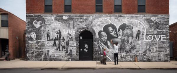 "Corazón y Compasión: Una Celebración Mural del Amor en Blanco y Negro"