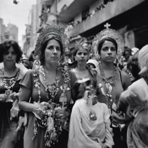 "Ecos del Pasado, Presente y Futuro: Procesión de la Coromoto en Blanco y Negro"