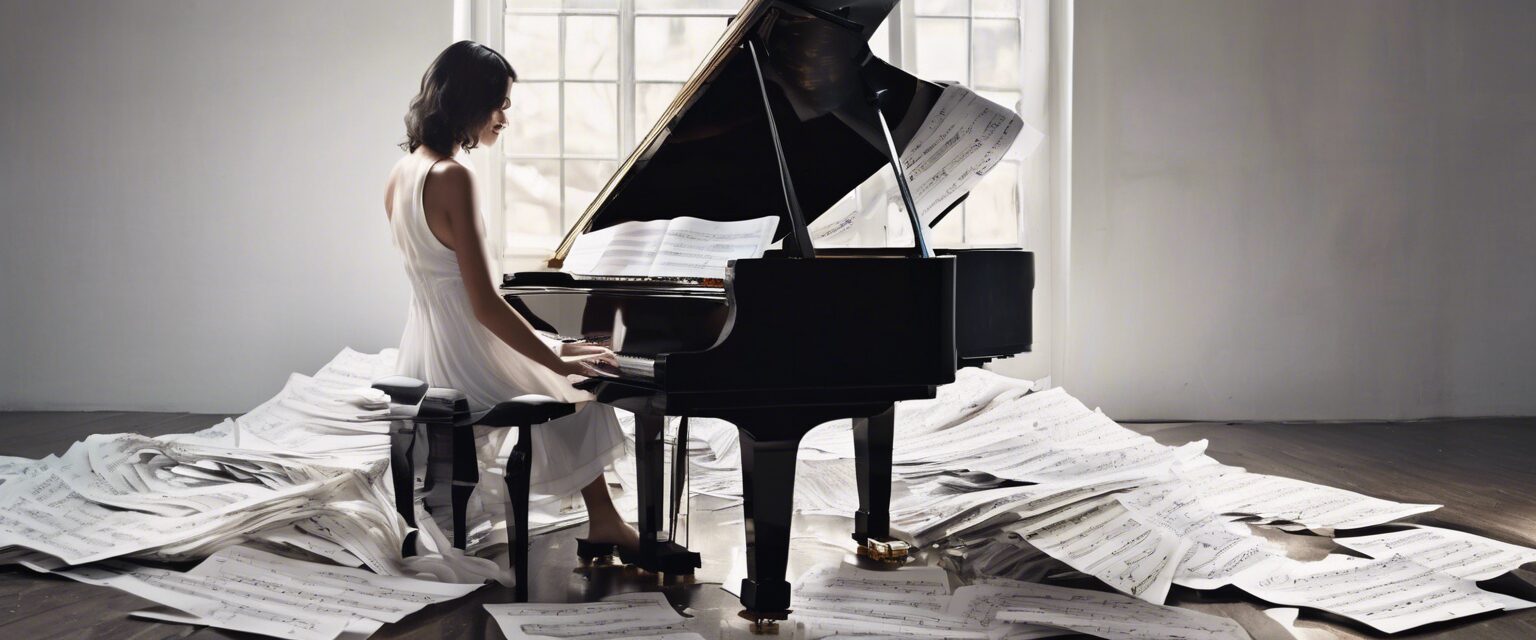 
"Retrato de una pianista en estudio: Un estudio en contraste y minimalismo"

