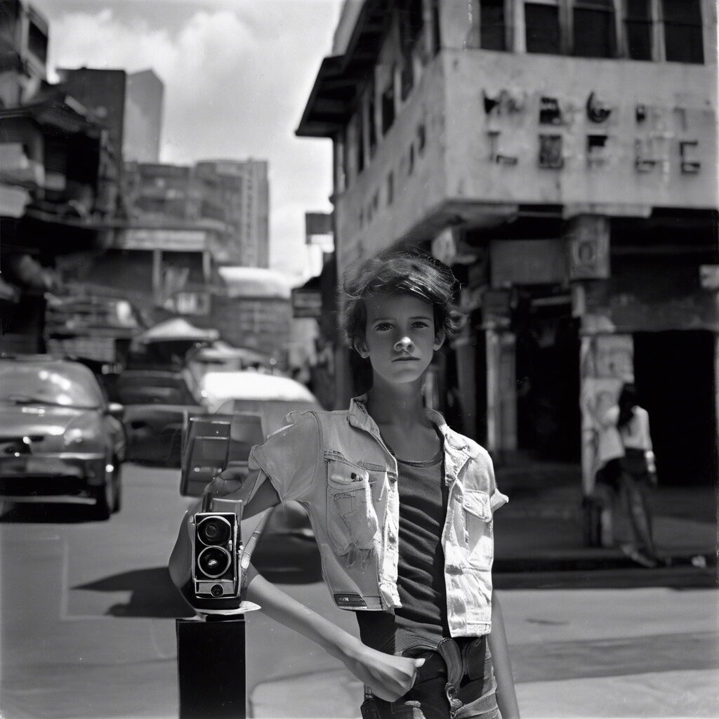  "Contrastos Temporales: Belleza Futurista en Blanco y Negro"

