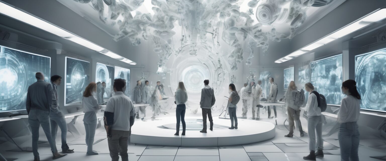  Ciber-Educación: Un Futuro Posthumano de Inclusividad y Derechos Digitales.

Descripción del pie de foto: Estudiantes transhumanos interactúan con interfaces de realidad virtual en un futuro digital donde la educación y la inclusión se fusionan en una sinfonía de aprendizaje online.